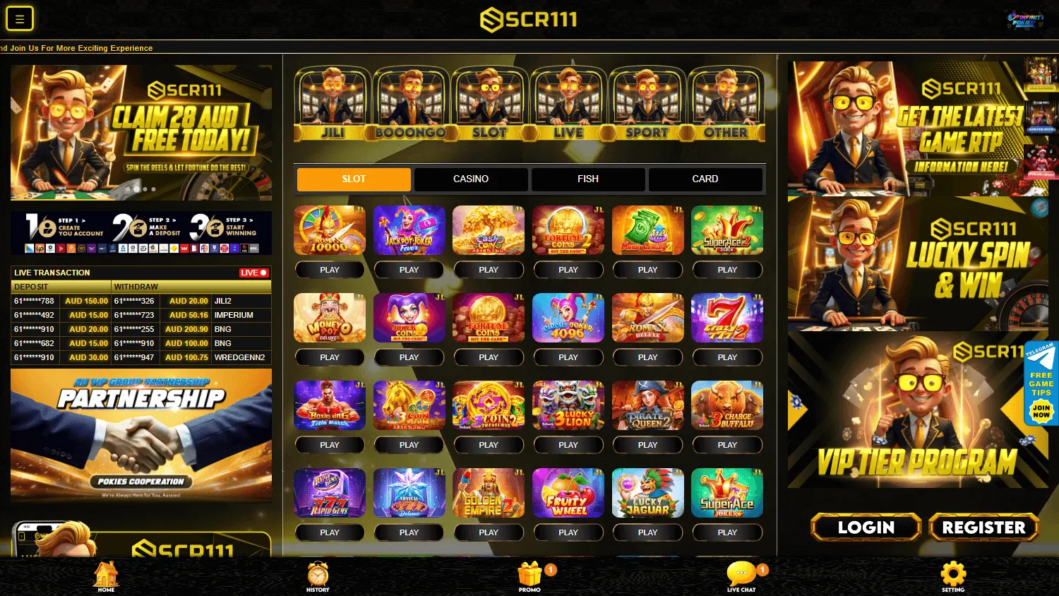 Scr111 Casino home page on desktop